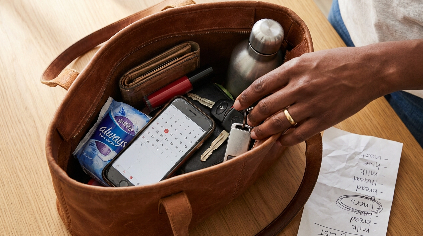 Open handbag with everyday contents and panty liners among them